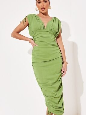 PrettyLittleThing Olive Sage Green Ruched Adjustable Length Dress Hoco Party